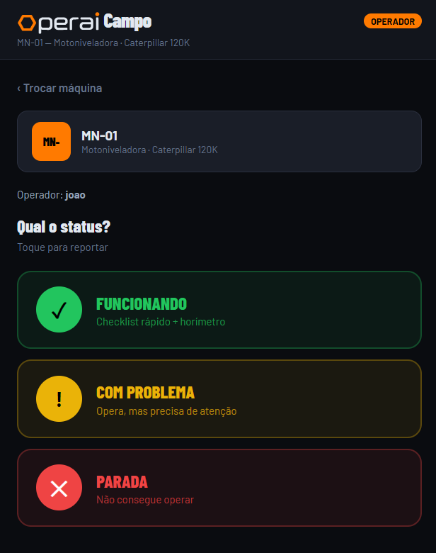 operai Campo — app do operador reportando status do equipamento